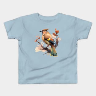 Watercolor peaceful cedar waxwing scene Kids T-Shirt